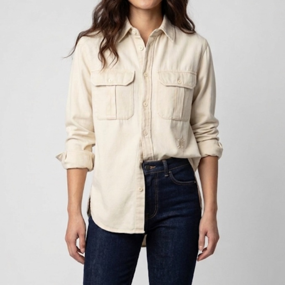 Zadig & Voltaire Teros Cotton Twill Button Down Shirt Cream Size Medium New